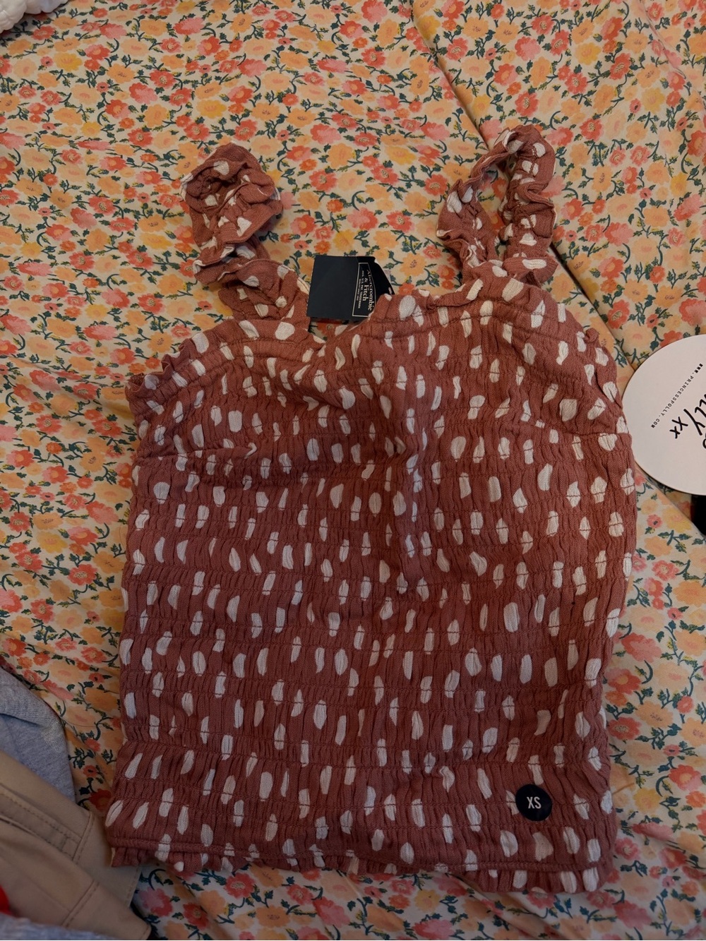 Abercrombie & Fitch Rust Brown Smocked Tank with White Spot Print